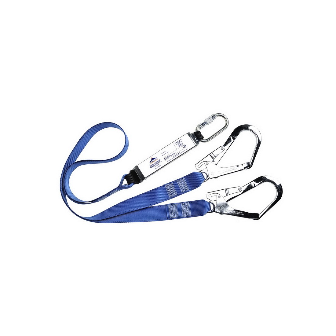 K&eacute;tsz&aacute;r&uacute; energiaelnyelővel ell&aacute;tott heveder, k&eacute;t karabinerrel &eacute;s ac&eacute;lz&aacute;rral